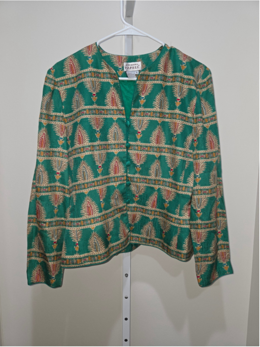 Adrianna Papell Women's 100% Silk Blazer Size 10 Green Gold Paisley Print